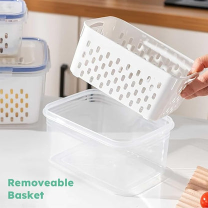 2 Pack Fruit Storage Containers for Fridge with Removable Colanders, Dishwasher & Microwave safe Produce Storage Containers with Lids Keep Fruits, Vegetables, Berry, Meat Fresh longer