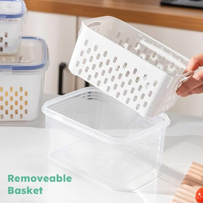 2pcs Fruit Storage Containers for Fridge, Leakproof Food Storage Containers with Removable Colander Airtight Food Storag-e Container Keep Produce Vegetables Berr-y Fresh Longer(COLOR:Clear White)