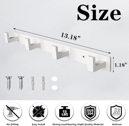 Coat Rack, Heavy Duty Stainless Steel 4 Tri Coat Hook Hanger, Wall Mounted Storage Wall Hooks, Rustic Clothes Hook/Key Hook Rail for Bathroom Kitchen Entryway(4 Hook White)