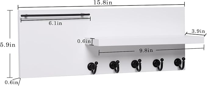 SANY DAYO HOME Real Wood Key Holder Rack Wall Mount 16 x 6 inches White Entryway Shelf with 5 Black Hooks, Metal Sunglass Bar, and Floating Board for Keychain, Purse