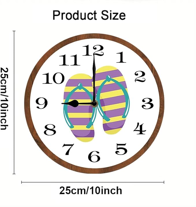 Flip Flops Wall Clock 10 Inch Silent Non Ticking Battery Operated Wooden Modern Office Simple Minimalist Clock Decorative for Kitchen Home Bathroom Living Room