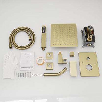 Brushed Gold Shower System 8 Inch Bathroom Luxury Rain Mixer Shower Combo Set Wall Mounted Rainfall Shower Head and Handheld System Shower Faucet Set Rough-in Valve Body and Trim Included