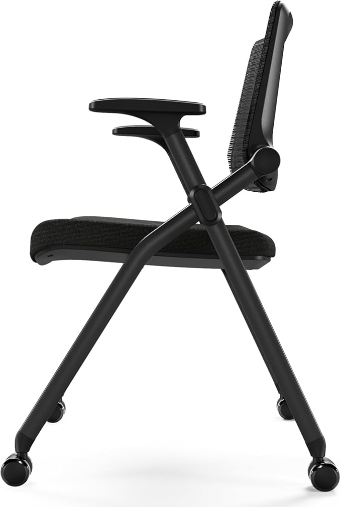 FYLICA Foldable Office Chair with PU Wheels and Smooth Armrest-Ergonomic Mesh Bouncing Back, Stackable Conference Room Chair, Office Guest & Reception & Meeting Chair (Black)