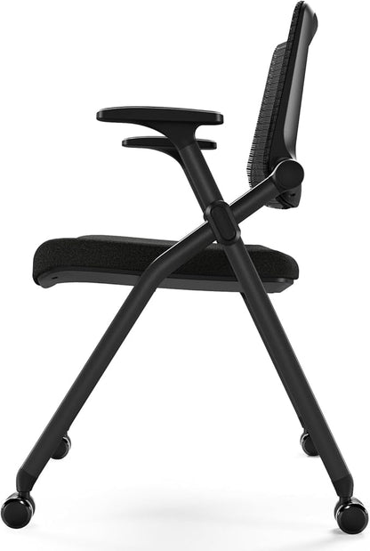FYLICA Foldable Office Chair with PU Wheels and Smooth Armrest-Ergonomic Mesh Bouncing Back, Stackable Conference Room Chair, Office Guest & Reception & Meeting Chair (Black)