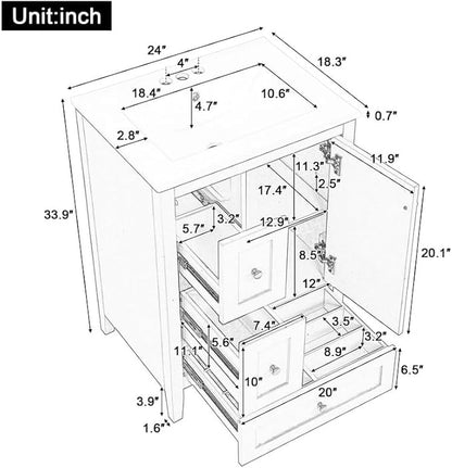 Merax 24 inch Bathroom Vanity with Drawers, Modern White Vanity for Small Bathroom with Adjustable Shelf & Removable Dividers, Easy to Clean Glossy Finish, White