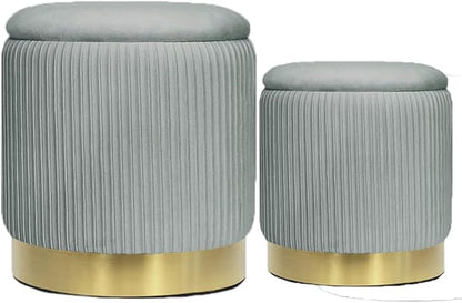 YYW HOME Round Ottoman Storage Set of 2 Velvet Ottoman for Living Room Small Foot Stool Small Coffee Table Vanity Stool with Storage for Bedroom Bedroom (Light Gray)