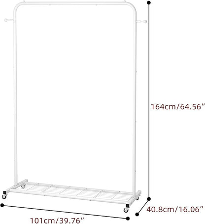 Sywhitta Clothing Rack on Wheels with Mesh Storage Shelf & Sturdy Metal Frame, Rolling Garment Rack for Hanging Clothes, Coats, Skirts, 39.76" L x 16" W x 64.56" H,White