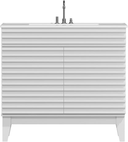 ROOMTEC 36" Bathroom Vanity with Sink, Mid-Century Freestanding Bathroom Vanity Sink with Storage, Undermount Ceramic Sink, Particleboard Frame with Wood Grain Laminate, White