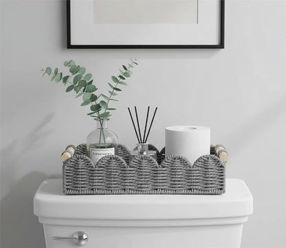 CubesLand Toilet Paper Storage Basket Organizer, Small Wicker Toilet Tank Top Decorative Baskets for Countertop, Handwoven Scalloped Basket w/handle for Home Decor, Living Room, Bedroom, Grey