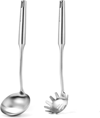 Stainless Steel Soup Ladle and Spaghetti Spoon Set - Large Ladle Spoon, Pasta Strainer, Durable Kitchen Cooking Utensils for Stirring, Serving Pasta, Soup & Sauce，Christmas Gifts