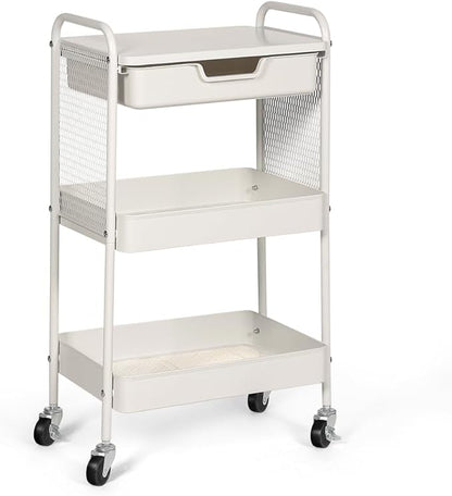 CRUDATE 3-Tier Rolling Cart with Drawer, Metal Utility Storage Cart Organizer with Lockable Wheels&Hanging Cups&Hooks, Mobile Storage Craft Carts Trolley with Mesh Shelves for Kitchen, Office-White