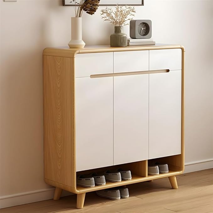 NIUYAO Shoe Storage Cabinet with 3 Drawers Solid Wood Morden Simple Style Free Standing Hidden Shoe Racks Organizer for Entrance Hallway Entryway -White Wood 38" L x 14" W x 40" H