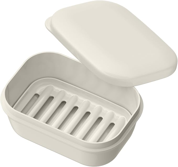 Quatish Leakproof Soap Dish with Lid & Draining Layer, Shatterproof Travel Bar Soap Holder Case Container, Portable Travel Size Toiletries Essentials for Camping, Gym, Bathroom, Beige