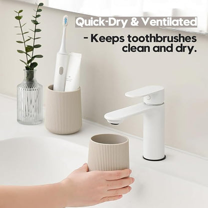 YAUKPH Beige Striped Toothbrush Holder for Electric Toothbrushes Bathroom Organizer Cup for Toothpaste Kids & Adults