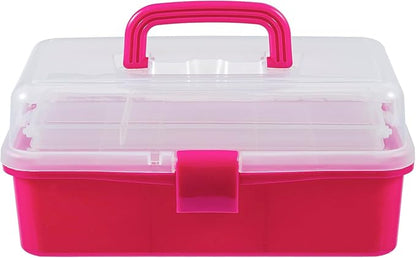 MyGift 13-Inch Dark Pink Plastic Craft Organizer and Storage Box – Clear Carrying Case with Latching Lid & 2 Expandable Trays for Sewing, Tools, First Aid, and Art Supplies