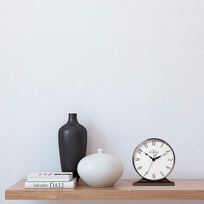 Presentime & Co Lewis Mantel Alarm Clock, Desk and Shelf Clock, Tabletop Decoration, 5.5 x 5 inch, Silent no Ticking, Metal Base, Bronze Finish, Arabic Numeral