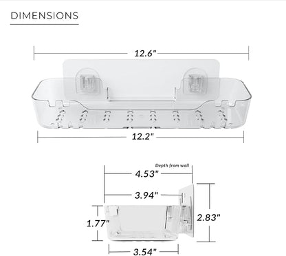 Acrylic Shower Shelf – Adhesive, No-Drill Bathroom Wall Shelf, Clear 12.2" x 3.54" x 1.77" Slim Organizer with Fast Drainage for Shower & Sink Toiletries