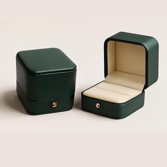 Ring Box Storage Premium Gorgeous Cherished Vintage Green Square Leather Velvet Ring Box Double Slots for Storage, Wedding Engagement, Jewelry Ring Bearer, Proposal, Ceremony, Anniversary,Gift