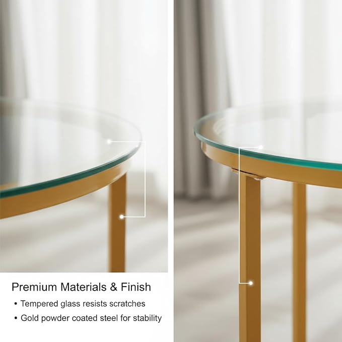 Round Nesting Coffee Table Set of 2, Modern Glass Nesting Tables, Stacking Minimalist End Table for Living Room Bedroom Small Space, Clear Tempered Glass and Gold