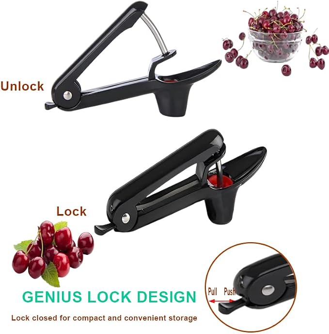Cherry Pitter, Heavy-Duty Stainless Steel Olive and Cherry Pitters Corer Tool with Space-Saving Lock Design, Multi-Function Cherries Stoner Seed Remover Tool for Making Cherry Jam (Black)