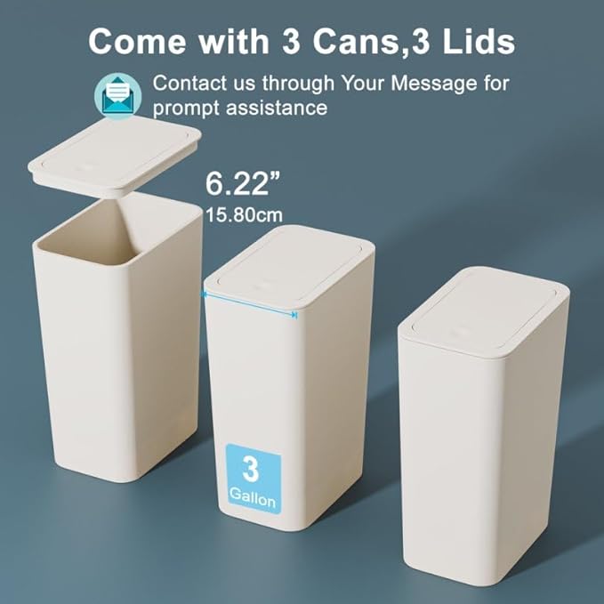 N. NETDOT 3 Pack 3 Gallon Small Trash Can with Lid, Bathroom Garbage Can with Pop-Up Lid, Waste Basket for Bathroom, Kitchen, Bedroom, Powder Room, Craft Room, Office, College (Off White)