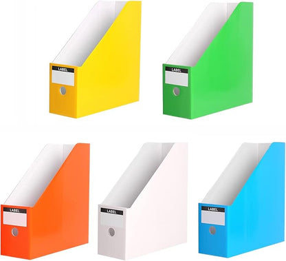 Foldable Desk File Holder Organizer Sturdy Cardboard Magazine Storage Box Document Rack with Blank Label Stickers for Home School Office (5, Multicolor)