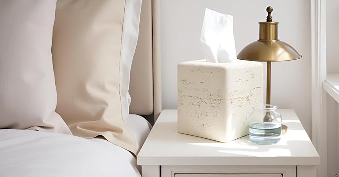 Travertine Tissue Box Cover Square Decorative Stone Klenex Box Holder for Bathroom & Living Room with Handcrafted Texture (Light Beige)