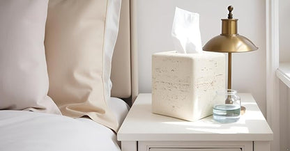 Travertine Tissue Box Cover Square Decorative Stone Klenex Box Holder for Bathroom & Living Room with Handcrafted Texture (Light Beige)
