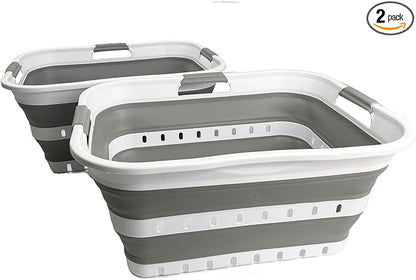 SAMMART 42L (11 gallons) Set of 2 Plastic Foldable Storage Basket/Container - Collapsible, Space Saving and Portable Laundry Hamper, Ideal for Home, Travel, Dorm, and Camping (2, White/Grey)