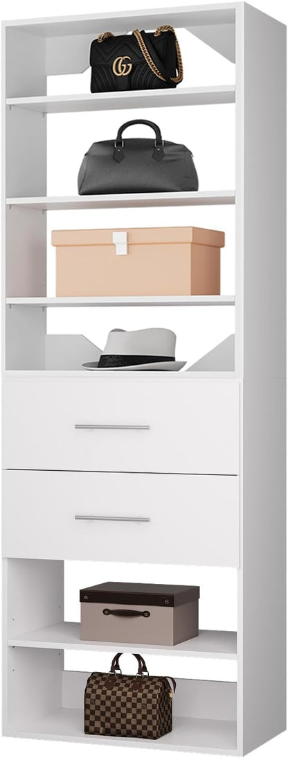 ROOMTEC Modular Closet System, 31.5" 2 Drawer Shelf Closet Tower Wall-Mounted Closet Organizer, Wooden Tower for Walk-In Closets, Wardrobe Storage Kit, White