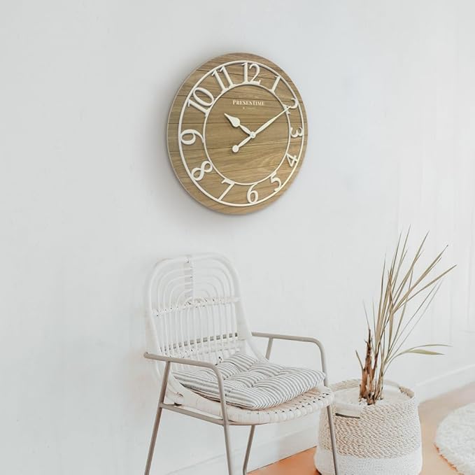Presentime & Co Classic Farmhouse Shiplap Clock, 19.5 inch, White Arabic Numerals with Ash Wood Shiplap Style. Large Farmhouse Decor for Living Room, Entryway, Home Office, Wall Décor