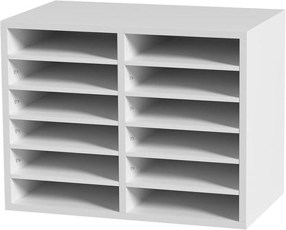 VEVOR Literature Organizers, 12 Compartments Office Mailbox with Adjustable Shelves, Wood Literature Sorter 20.4x12x16.1 inches for Office, Home, Classroom, Mailrooms Organization, EPA Certified White