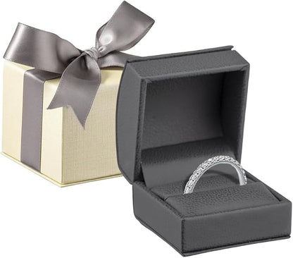 Luxury Dome-Shape Leather Ring Box - Ring Gift Box for Engagement, Proposal, Wedding Day - Jewelry Box with Cream Ribbed Outer Box & Matching Bow Ribbon - Small Ring Case for Men & Women