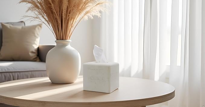 Travertine Tissue Box Cover Square Decorative Stone Klenex Box Holder for Bathroom & Living Room with Handcrafted Texture (Light White)