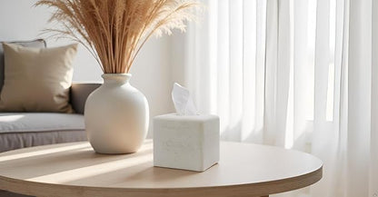 Travertine Tissue Box Cover Square Decorative Stone Klenex Box Holder for Bathroom & Living Room with Handcrafted Texture (Light White)