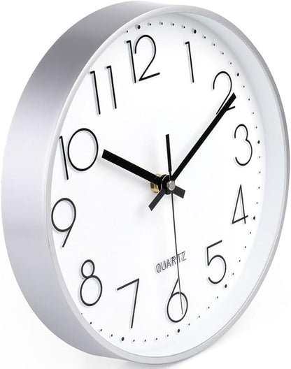 jomparis 10 Inch Silver Wall Clock Battery Operated Silent & Non-Ticking Wall Clock for Home Office Bathroom