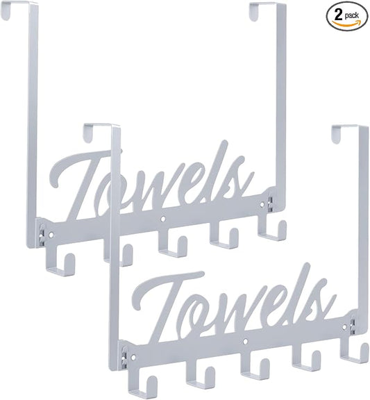 Azmoncy 2 Pack Over The Door Hooks, Towel Rack for Bathroom Towel Holder for Hanging Heavy Duty,Over Door Hanger with 10 Coat Hooks for Bedroom Bathroom Kitchen, Silver