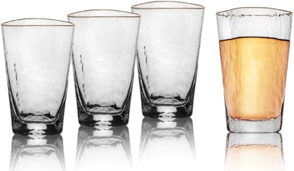 Bec's Designs Gold Rim Highball Glasses – Set of 4, 16oz Handblown Triangular Hammered Glass Tumblers – Elegant Drinkware for Cocktails, Water & Iced Tea