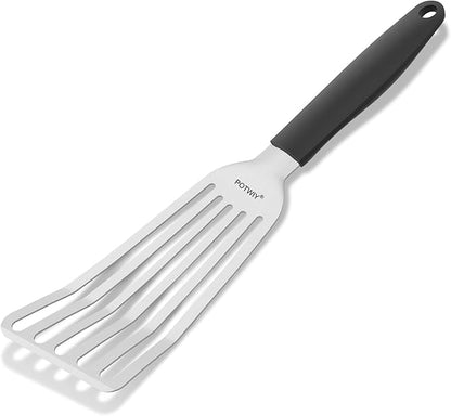 POTWIY Fish Spatula Stainless Steel, Slotted Turner with Silicone Handle and Curved Blade, Metal Spatula for Cast Iron Skillet, Kitchen Cooking Flipper for Fish, Egg and Burger, 11.7 Inch