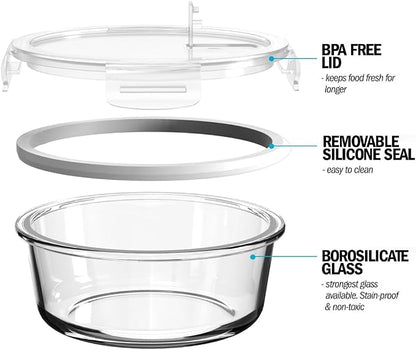 Igluu Meal Prep Round Glass Containers with Air Vent Lids (5 Pack+Extra Lid) – Airtight & BPA-Free – Oven, Microwave, Freezer and Dishwasher Safe – 32oz – Durable Borosilicate Glass