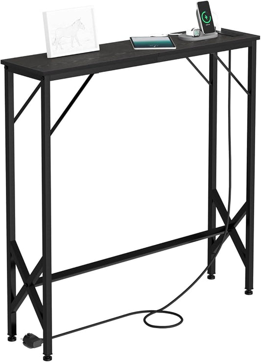 31.5‘’ Console Table, Skinny Entryway Table with Fast-Charging Station, Narrow Long Sofa Table, Behind Slim Couch Table for Entrance, Hallway, Living Room Decor ST-BK80-1