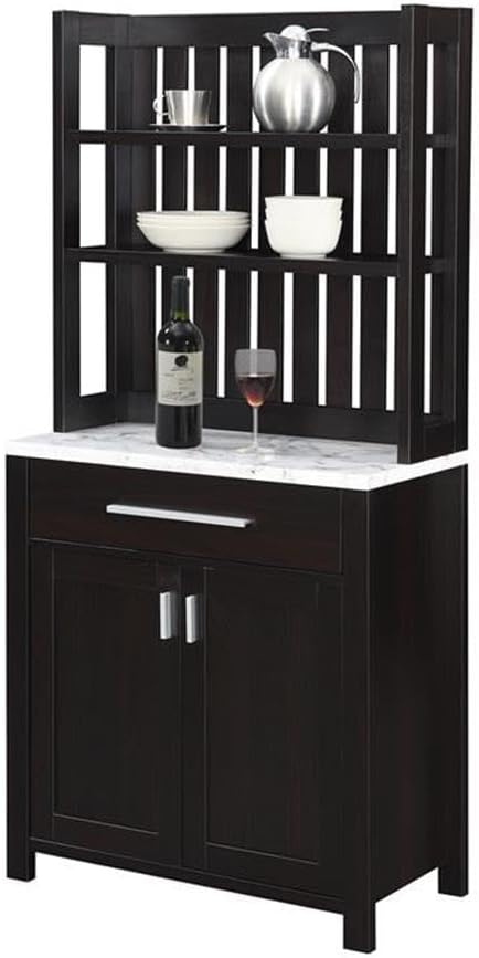 Pemberly Row Wine Bar w/Cabinet in Espresso Wood w/White Faux Marble Top