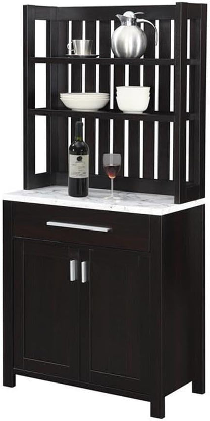 Pemberly Row Wine Bar w/Cabinet in Espresso Wood w/White Faux Marble Top