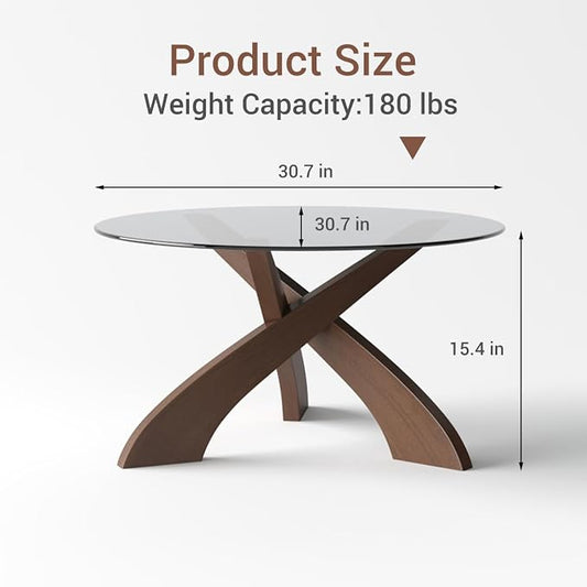 Honyee Glass Coffee Table, 30.7” Round Coffee Table with Tempered Glass Top, Walnut Wood X-Shaped Base, Stable Modern Center Table for Living Room, Apartment and Small Spaces