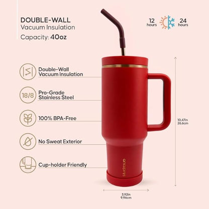 40oz Travel Tumbler Cup with Handle, Two-Way Slider Lid, Stainless Steel Straw with Silicone Tip, Vacuum Insulated Water Bottle for Hot & Cold Drinks, Great Gifts for Mom (Red Gold)