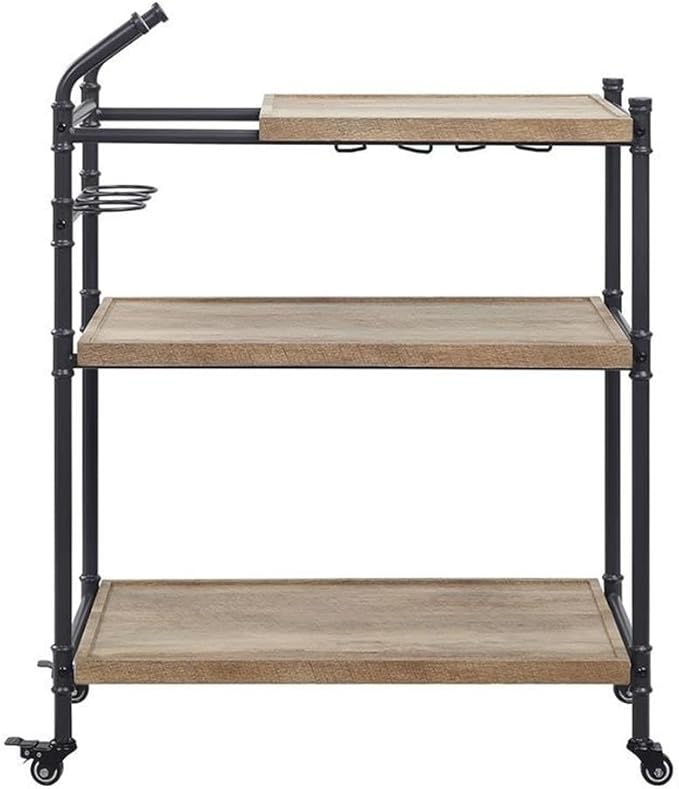 Acme Brantley Serving Cart with 3 Wooden Shelves in Oak and Sandy Black