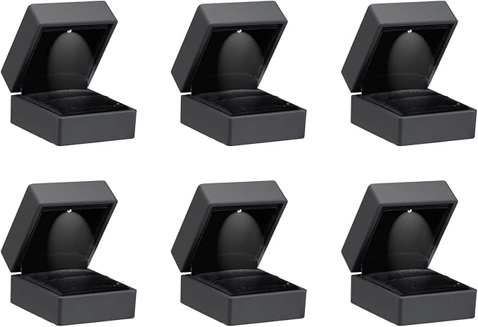 Allure - Luxury Ring Boxes With LED Light, Square Shaped Elegant Diamond Ring Case, For Unique Proposal, Engagement Or Wedding, Black Velvet Interior Jewelry Display Gift Box. 6 Boxes.