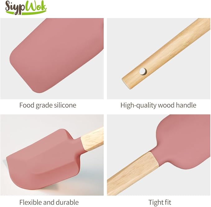 5 Pcs Silicone Spatula Set,Food Grade Silicone Spatula Nonstick Rubber Spatulas with Wooden Ergonomic Grip,Spoonula,Jar Scraper for Cooking,Baking,Mixing,Frosting-Heat Resistant Up to 428°F(Pink)