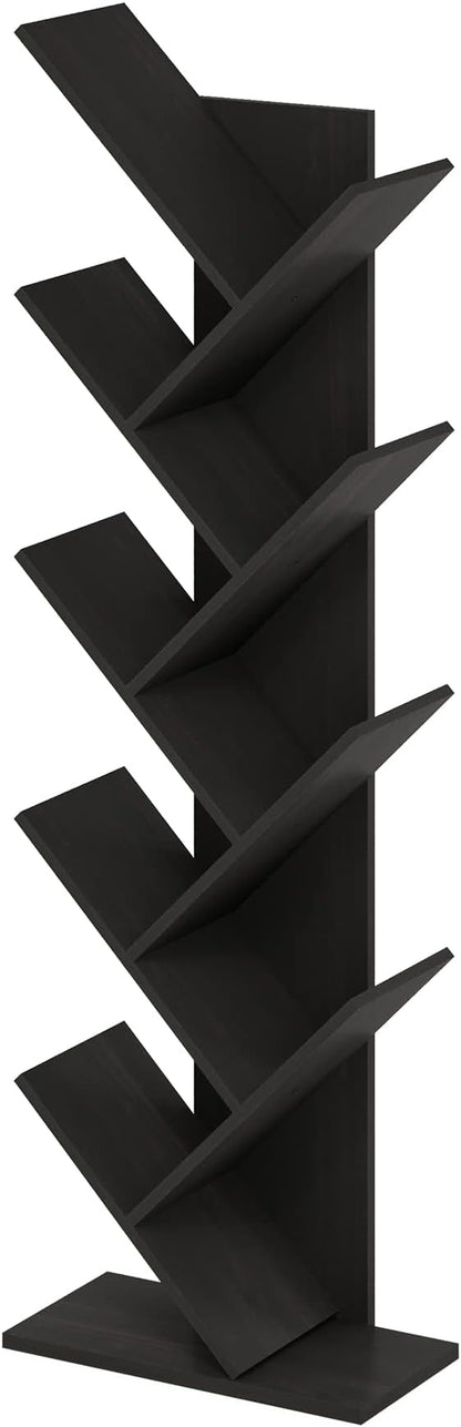 Furinno TREE Book Shelf, 9-Tier Bookshelf, Tree Bookcase with Angled Open Shelf, 8.4" x 15.7" x 50.9", for Room Decor, for Living Room, Bedroom, Home Office, Espresso