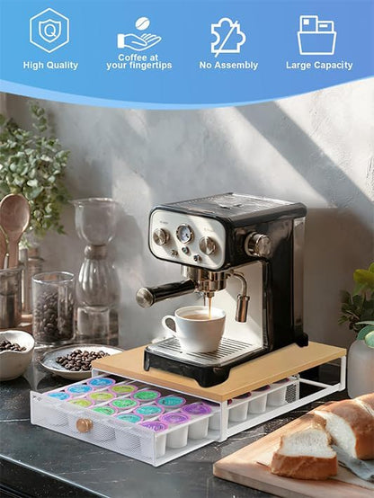 Sedegn Coffee Pod Holder Counter Coffee Vertuo Capsules Storage Organizer with Sliding Drawer Compatible For K-Cup Pods Nespresso Pods No Assembly Needed Oak Color